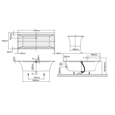 Villeroy&Boch Quaryl Squaro stačiakampė vonia su kojelėmis ir sifonu 170x75cm