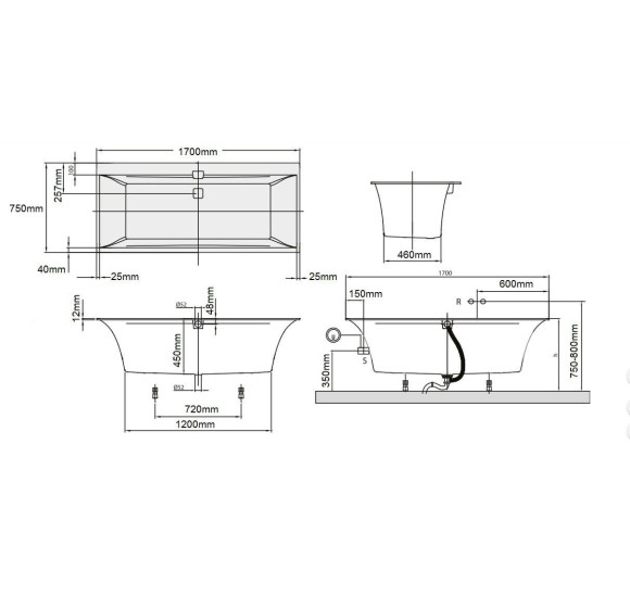 Villeroy&Boch Quaryl Squaro stačiakampė vonia su kojelėmis ir sifonu 170x75cm
