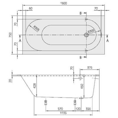 Villeroy&Boch Quaryl® Oberon stačiakampė Vonia 160x75cm, su kojelėmis
