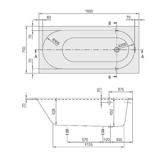 Villeroy&Boch Quaryl® Oberon stačiakampė Vonia 160x75cm, su kojelėmis