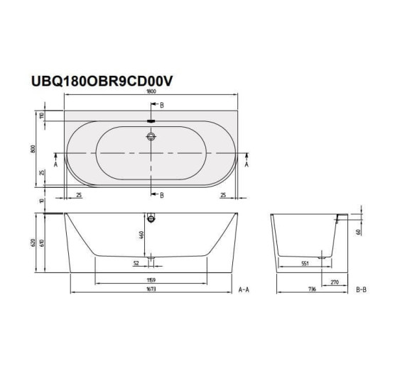 Villeroy&Boch Oberon 2.0 Quaryl® Vonia, 180x80cm, glaudžiama prie sienos
