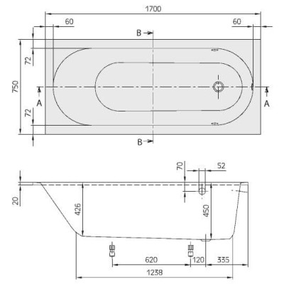 Villeroy&Boch Quaryl® Oberon stačiakampė Vonia 170x75cm, su kojelėmis