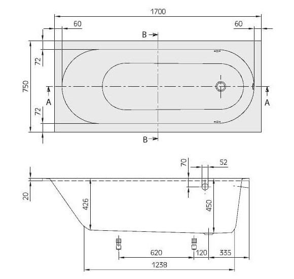Villeroy&Boch Quaryl® Oberon stačiakampė Vonia 170x75cm, su kojelėmis