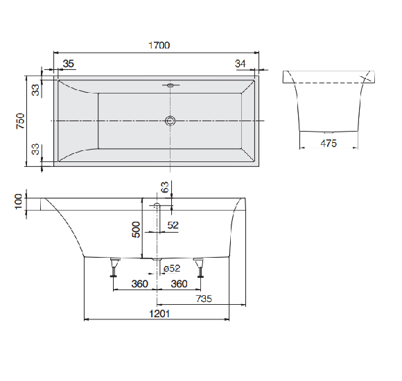 Villeroy&Boch Quaryl Squaro vonia 1700x750 mm su kojelėmis
