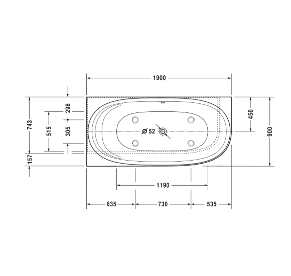 Duravit Cape Cod asimetrinė vonia DuraSolid® (kairė) 1900x900