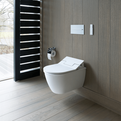 Duravit pakabinamas WC ME by Starck Rimless SensoWash unitazas, su dangčiu 370x570, baltos blizgios spalvos