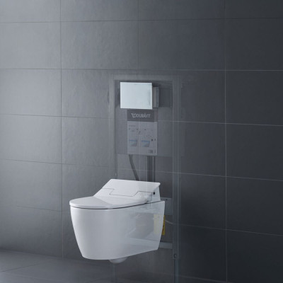 Duravit pakabinamas WC ME by Starck Rimless SensoWash unitazas, su dangčiu 370x570, baltos blizgios spalvos