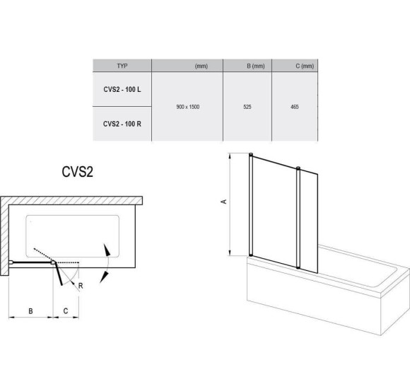 Ravak CVS2-100 vonios sienelė 100x150cm