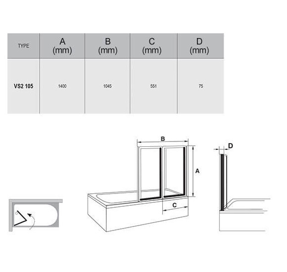 Vonios sienelė Ravak VS2, 104x140cm