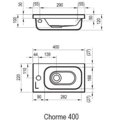 Ravak akmens masės praustuvas Chrome 400, kairinis, baltas