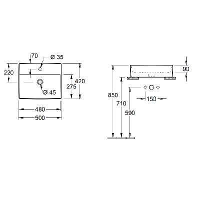 Villeroy & Boch Memento 2.0 pakabinamas praustuvas, 500x420, 4A0750