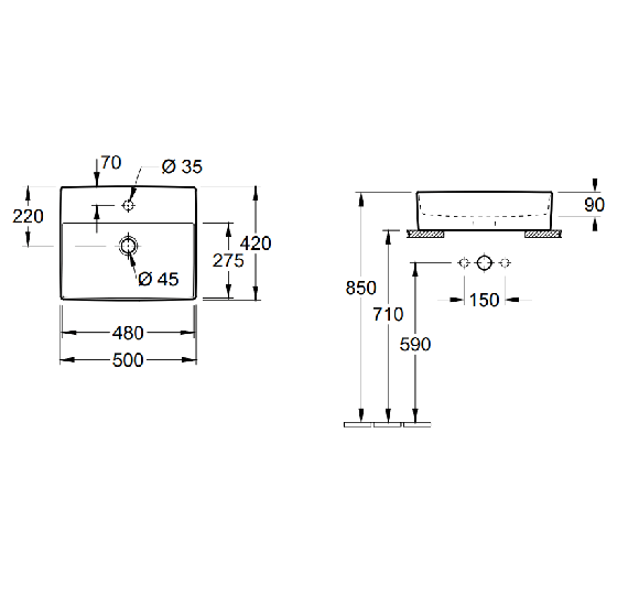 Villeroy & Boch Memento 2.0 pakabinamas praustuvas, 500x420, 4A0750