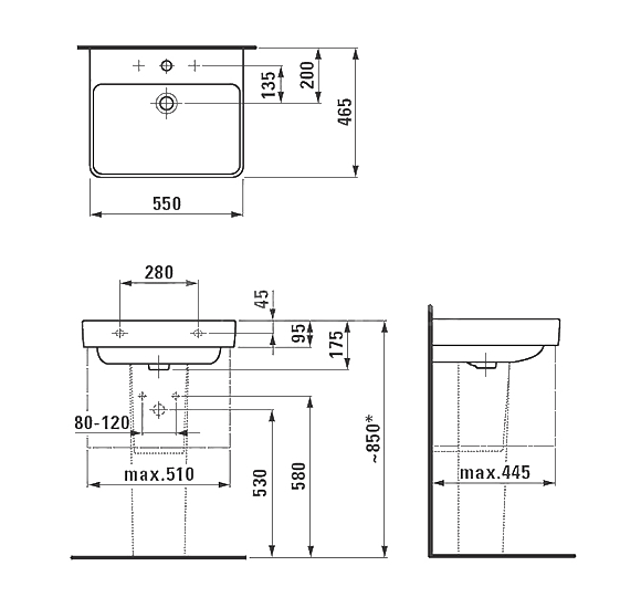 Laufen Pro S pakabinamas/baldinis praustuvas 55x46,5 cm, be persipylimo angos