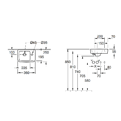 Villeroy & Boch O.Novo praustuvas (pasirenkama pusė) 36x25cm