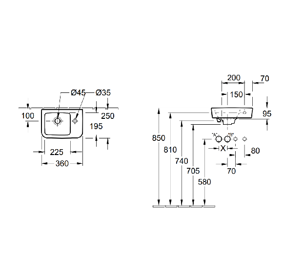 Villeroy & Boch O.Novo praustuvas (pasirenkama pusė) 36x25cm