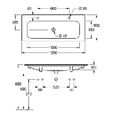 Villeroy & Boch Finion dvigubas praustuvas, 1200 x 500 mm su "Ceramic Plus" danga