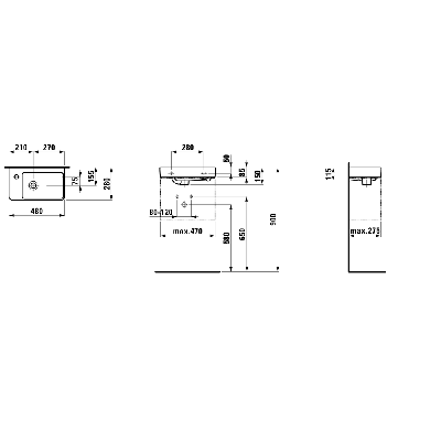 Laufen Pro S pakabinamas/baldinis praustuvas 48x28 cm, kairės pusės