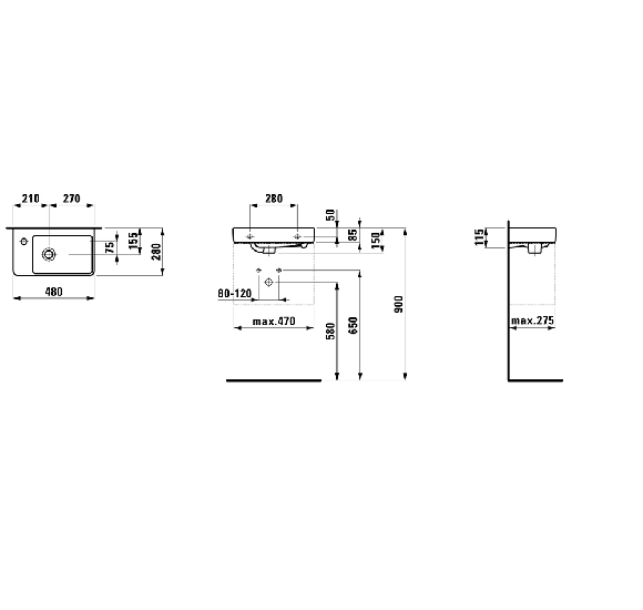 Laufen Pro S pakabinamas/baldinis praustuvas 48x28 cm, kairės pusės