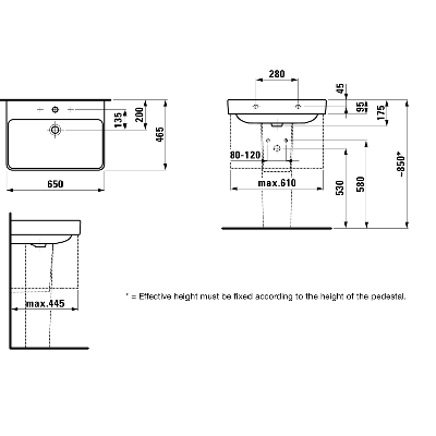 Laufen Pro S pakabinamas/baldinis praustuvas 65x46,5 cm, su persipylimo anga