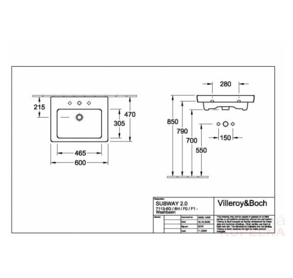 Villeroy&Boch Subway 2.0 praustuvas, 600x470, šlifuota apačia