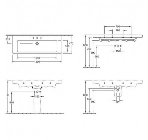 Villeroy & Boch Subway 2.0 praustuvas, 1300x470, su viena anga maišytuvui