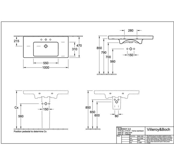 Villeroy & Boch Subway 2.0 praustuvas, 1000x470