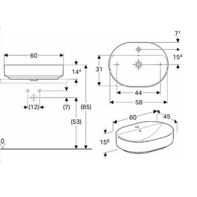 Geberit VARIFORM pastatomas praustuvas, elipsės formos su skyle maišytuvui, 60 cm