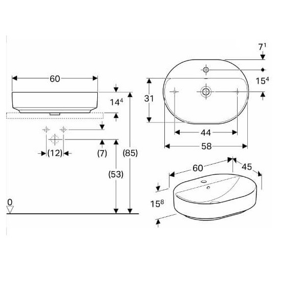 Geberit VARIFORM pastatomas praustuvas, elipsės formos su skyle maišytuvui, 60 cm