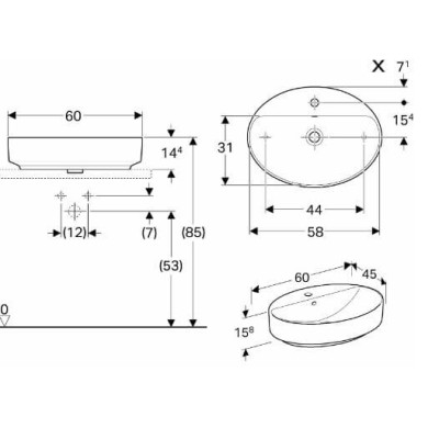 Geberit VARIFORM pastatomas praustuvas, ovalus su skyle maišytuvui, 60 CM