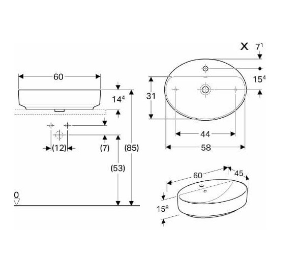 Geberit VARIFORM pastatomas praustuvas, ovalus su skyle maišytuvui, 60 CM