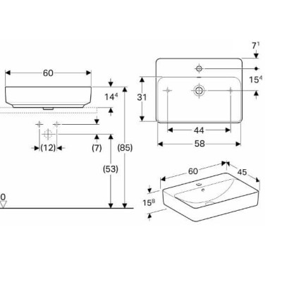 Geberit VARIFORM pastatomas praustuvas, stačiakampis su skyle maišytuvui, 60 cm