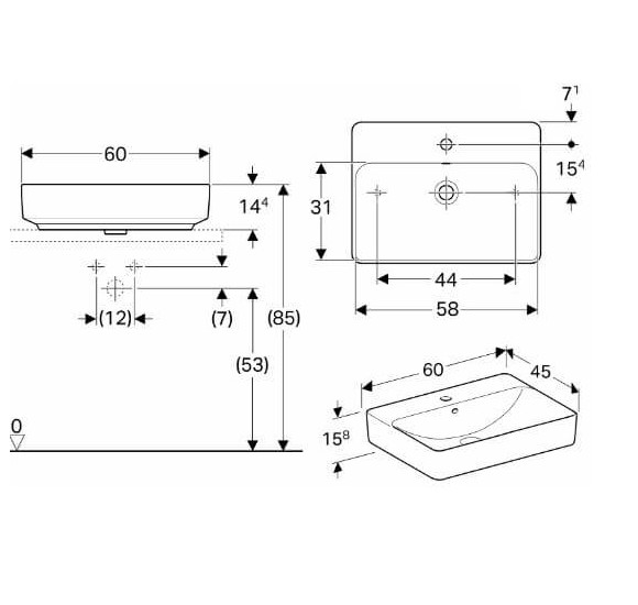 Geberit VARIFORM pastatomas praustuvas, stačiakampis su skyle maišytuvui, 60 cm