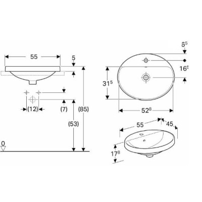 Geberit VARIFORM įleidžiamas praustuvas, ovalus su skyle maišytuvui, 55 cm