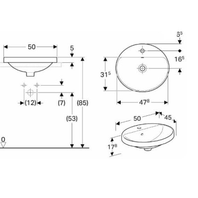 Geberit VARIFORM įleidžiamas praustuvas, ovalus su skyle maišytuvui, 50 cm