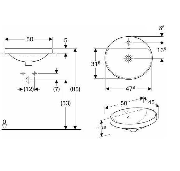 Geberit VARIFORM įleidžiamas praustuvas, ovalus su skyle maišytuvui, 50 cm