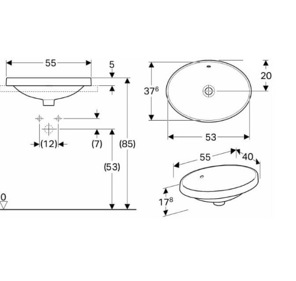 Geberit VARIFORM įleidžiamas praustuvas, ovalus, 55 cm