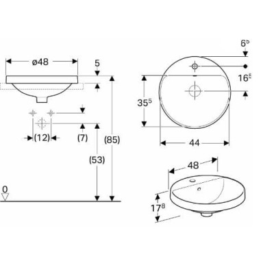 Geberit VARIFORM įleidžiamas praustuvas, apvalus su skyle maišytuvui, 48 cm