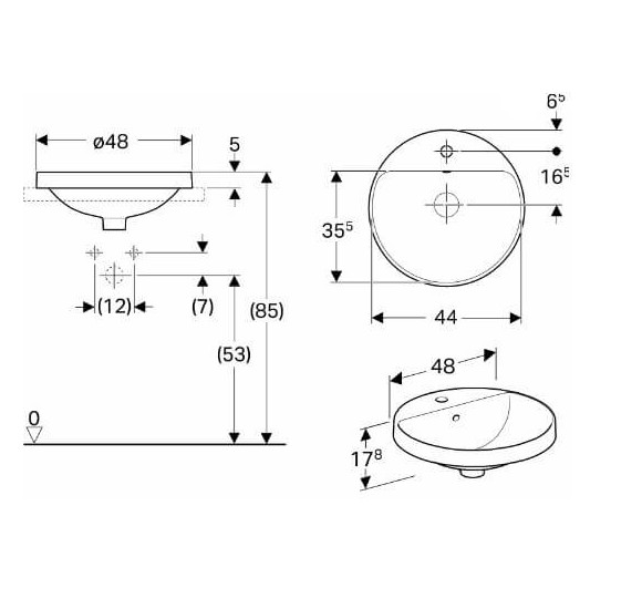 Geberit VARIFORM įleidžiamas praustuvas, apvalus su skyle maišytuvui, 48 cm