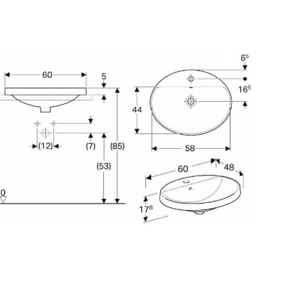 Geberit VARIFORM įleidžiamas praustuvas, ovalus su skyle maišytuvui, 60 cm