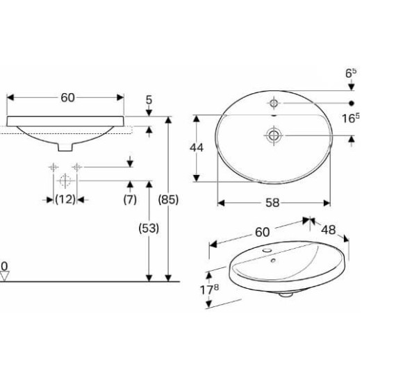 Geberit VARIFORM įleidžiamas praustuvas, ovalus su skyle maišytuvui, 60 cm