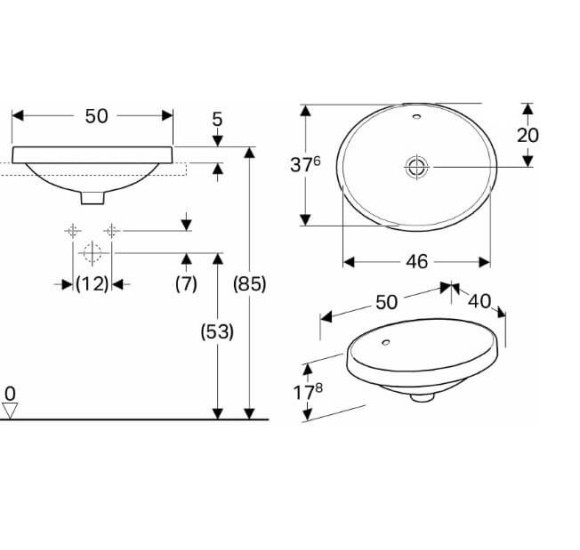 Geberit VARIFORM įleidžiamas praustuvas, ovalus, 50 cm