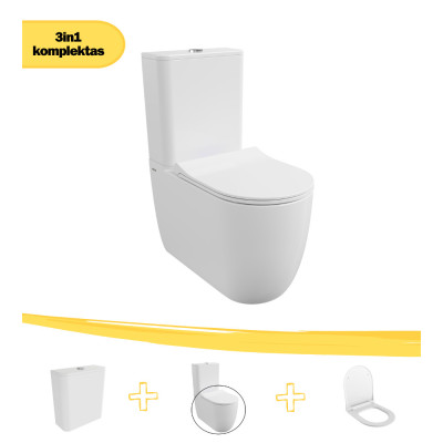 KOMPLEKTAS 3in1 - Bocchi Venezia Rimless pastatomo klozeto puodas su vandens nuleidimo bakeliu ir Soft-Close dangčiu