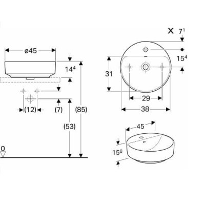 Geberit VARIFORM pastatomas praustuvas, apvalus su skyle maišytuvui, 45 cm