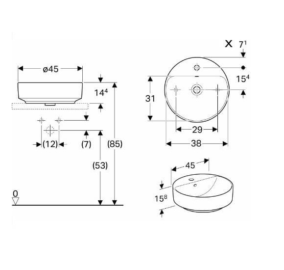 Geberit VARIFORM pastatomas praustuvas, apvalus su skyle maišytuvui, 45 cm