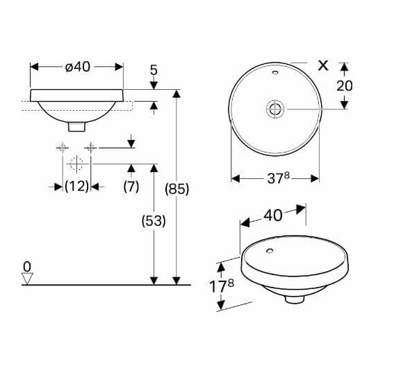 Geberit VARIFORM įleidžiamas praustuvas, apvalus, 40 cm
