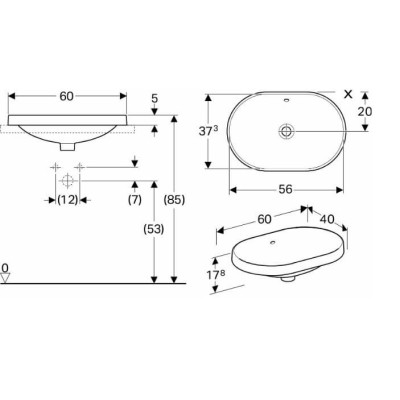 Geberit VARIFORM įleidžiamas praustuvas, elipsė, 60 cm