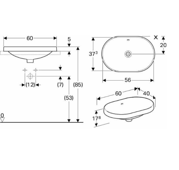 Geberit VARIFORM įleidžiamas praustuvas, elipsė, 60 cm