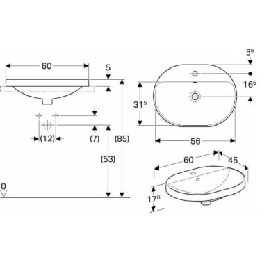 Geberit VARIFORM įleidžiamas praustuvas, elipsė su skyle maišytuvui, 60 cm