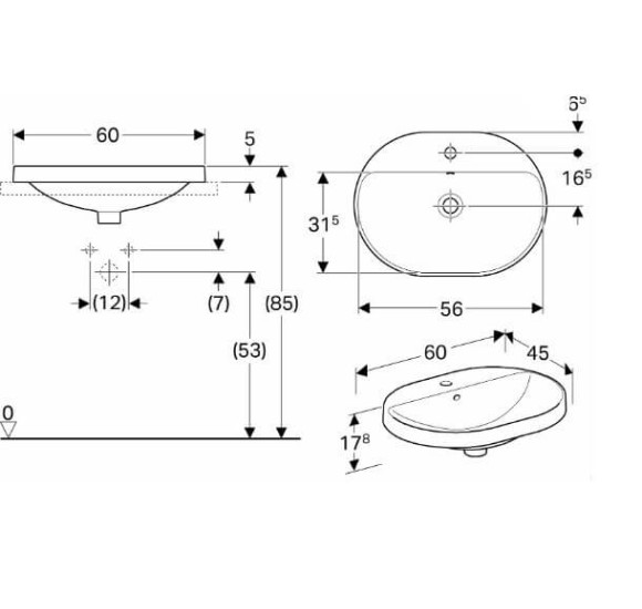 Geberit VARIFORM įleidžiamas praustuvas, elipsė su skyle maišytuvui, 60 cm