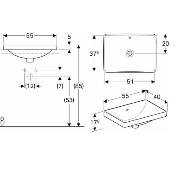 Geberit VARIFORM įleidžiamas praustuvas, stačiakampis, 55 cm